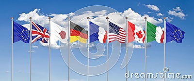 45th G7 summit , August 24â€“26, 2019 in Biarritz, Nouvelle-Aquitaine, France. 7 flags of countries of Group of Seven - Canada, Cartoon Illustration